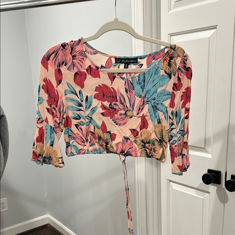 For Love And Lemons Pink and Blue Tie Front Crop Blouse